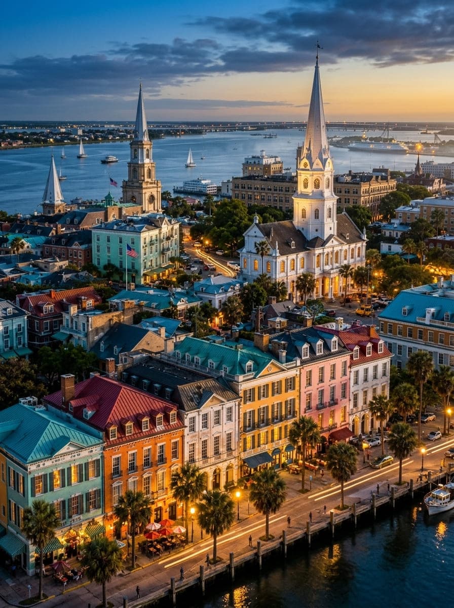 Charleston waterfront and historic steeples at dusk
