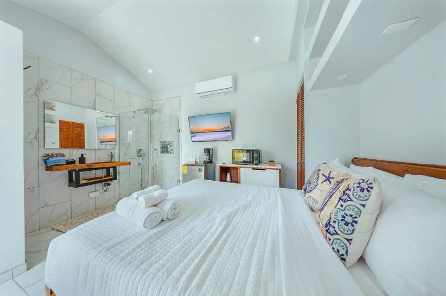 Bedroom with white bedding and patterned cushion