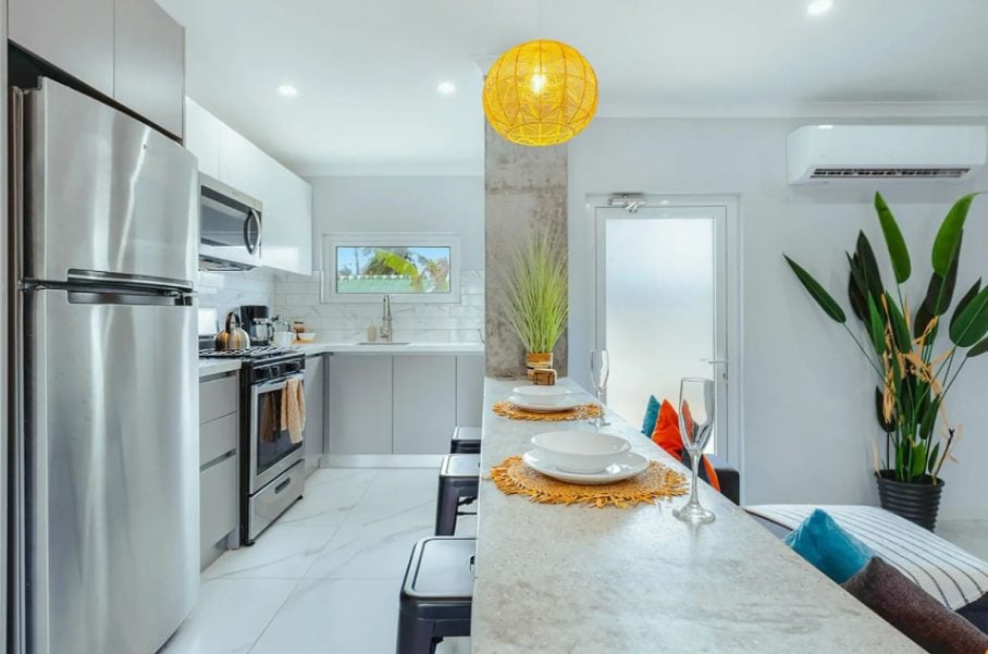 Kitchen with stainless fridge and plant