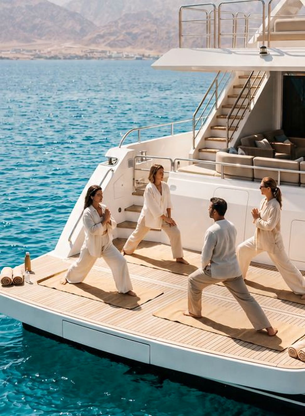 Four people practising yoga on the deck of a boat over the blue water at Aqaba