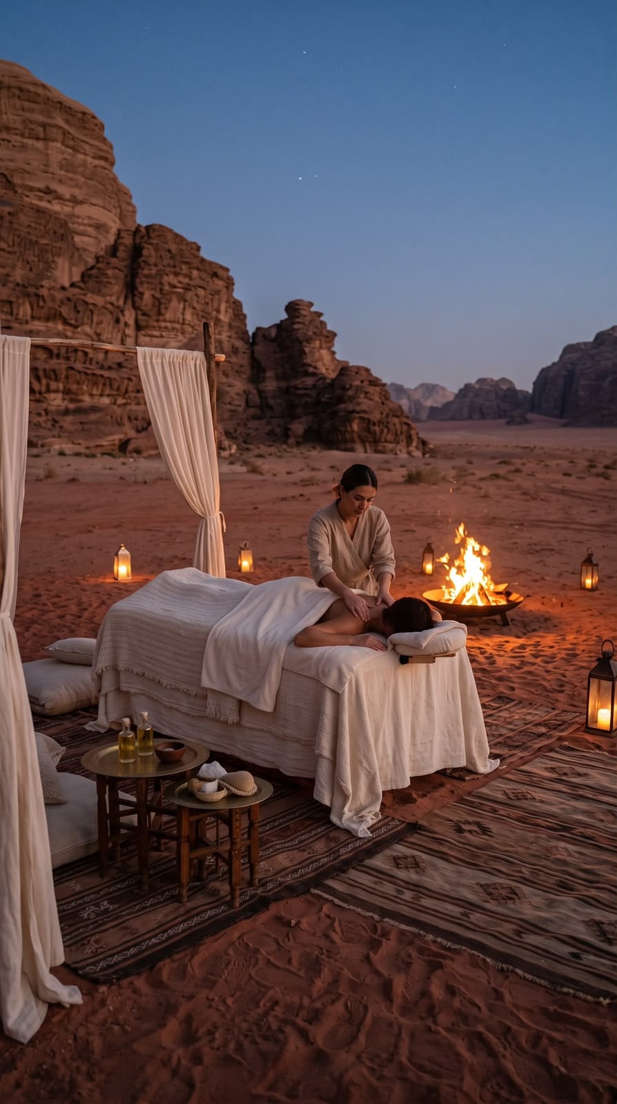 A therapist giving a massage on a draped table on red sand beside a campfire and lanterns at dusk in Wadi Rum