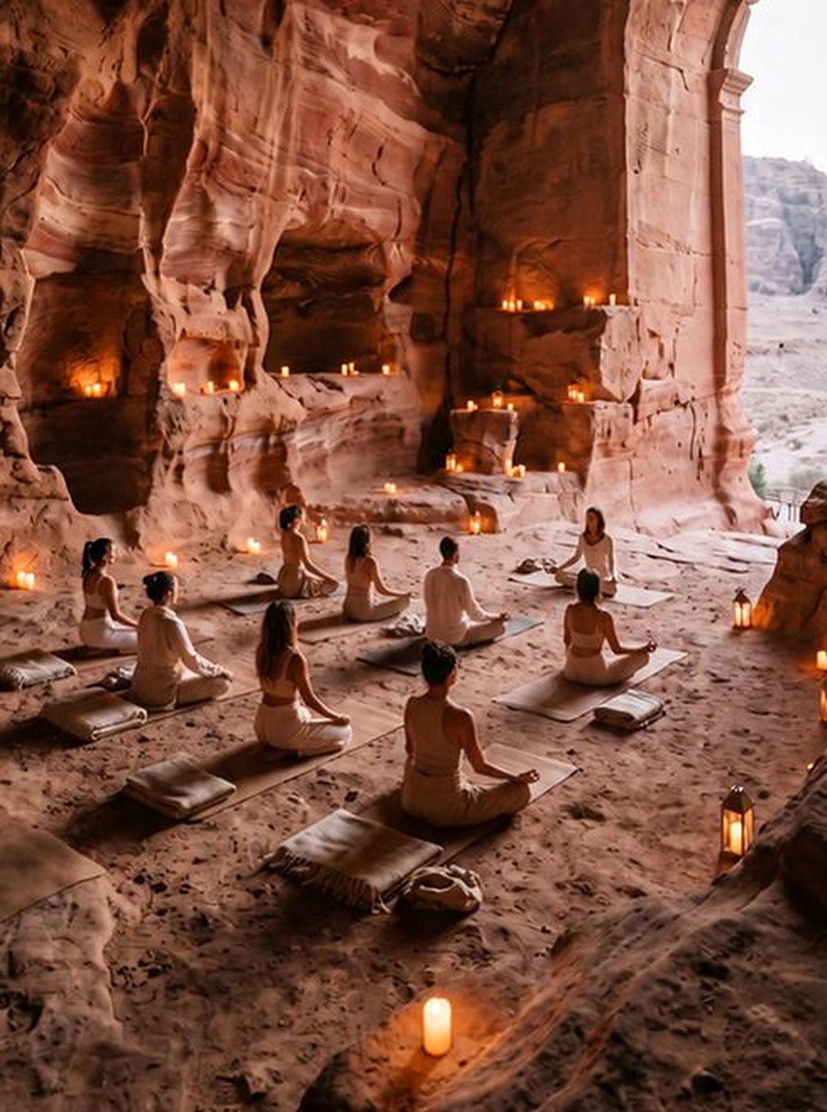 A group meditating on mats among candles in a rock-cut space at Petra