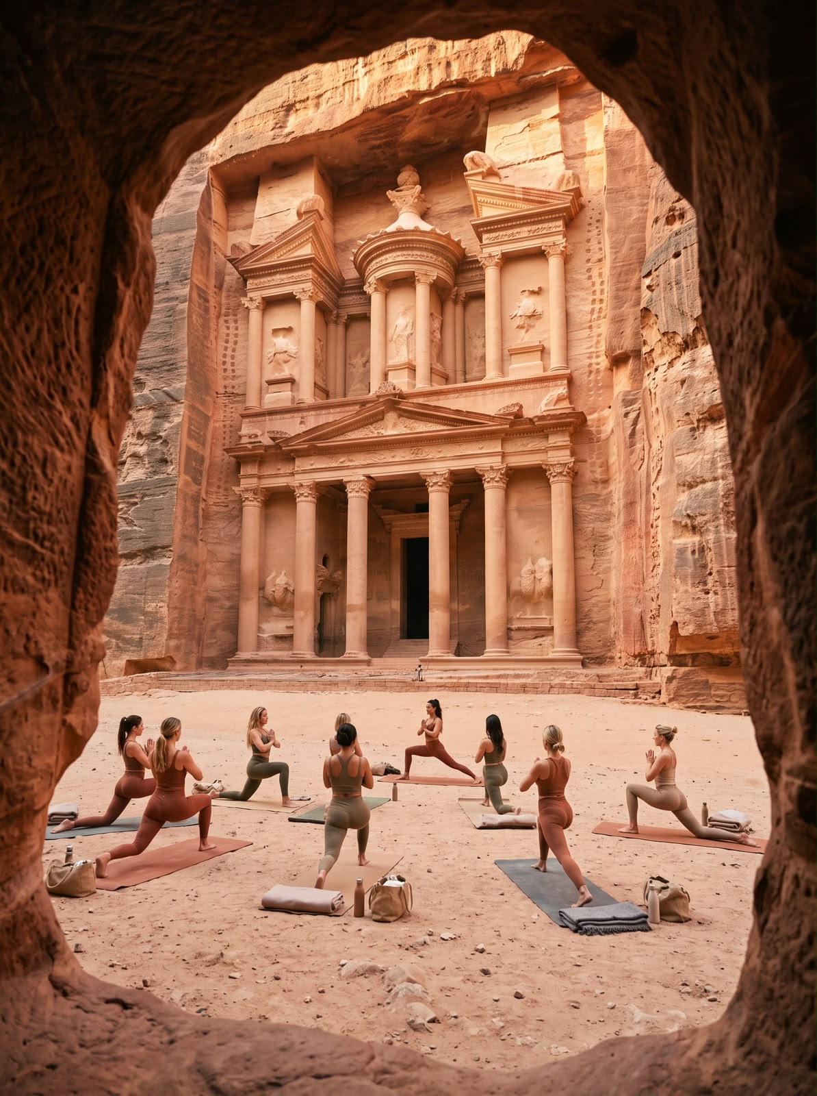 A small group practising yoga lunges on the sand in front of the Treasury at Petra, framed by a sandstone archway