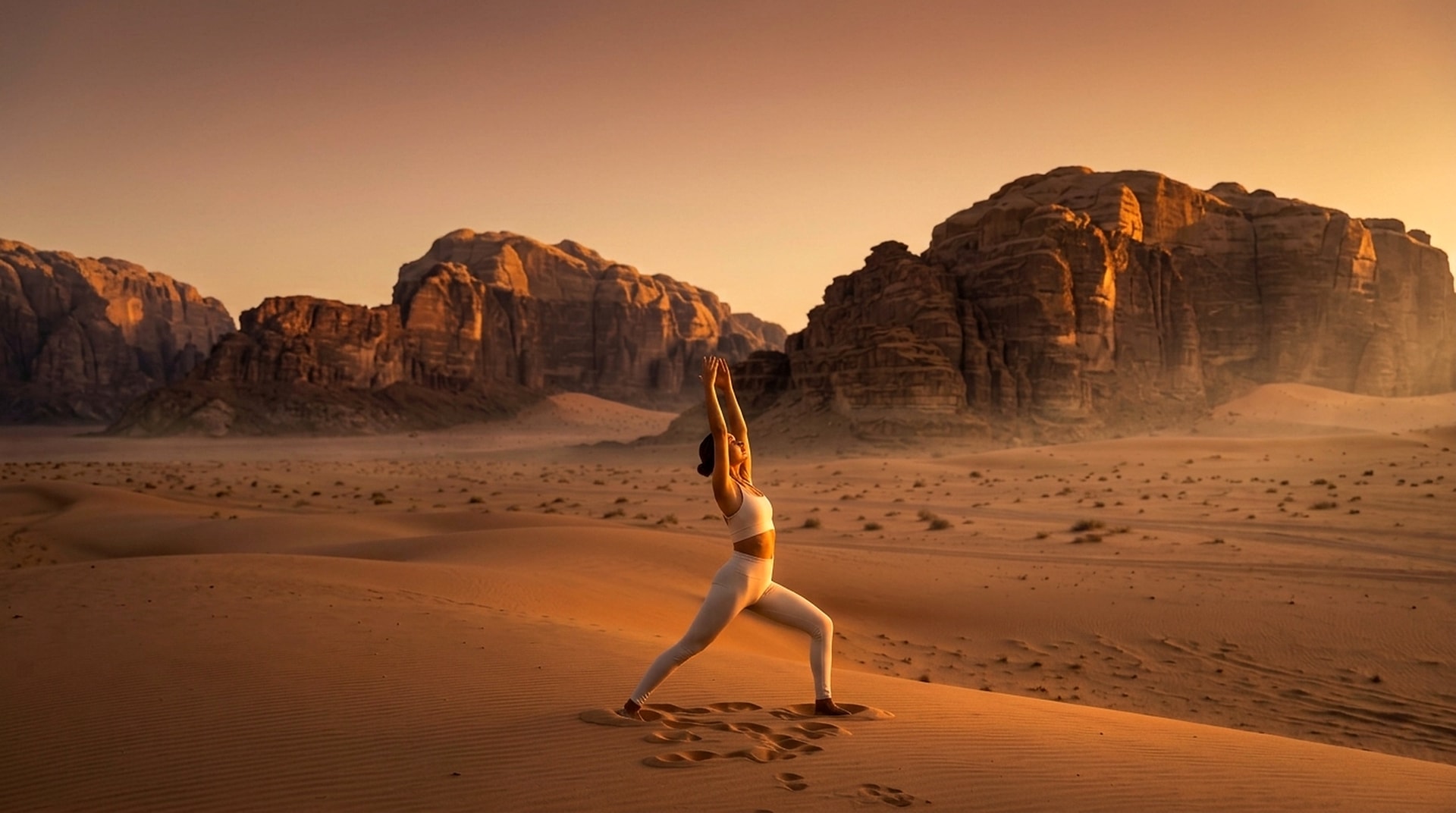 A woman in a warrior yoga pose with raised arms on a Wadi Rum sand dune at golden hour, with red sandstone cliffs behind