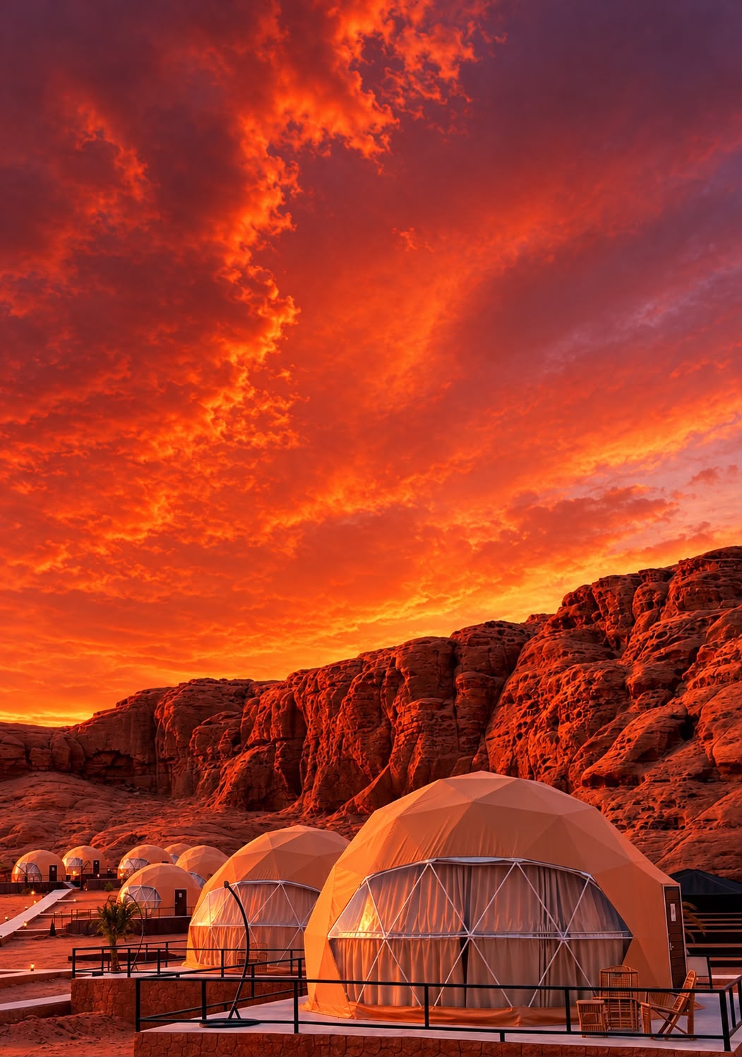 Luxury geodesic dome tents against red rock cliffs under a fiery orange sunset sky in Wadi Rum